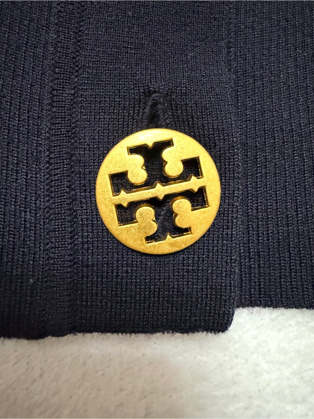Tory Burch sz L Cardigan Sweater Merino Wool Gold Logo Buttons Dark Navy Blue - Picture 5 of 8